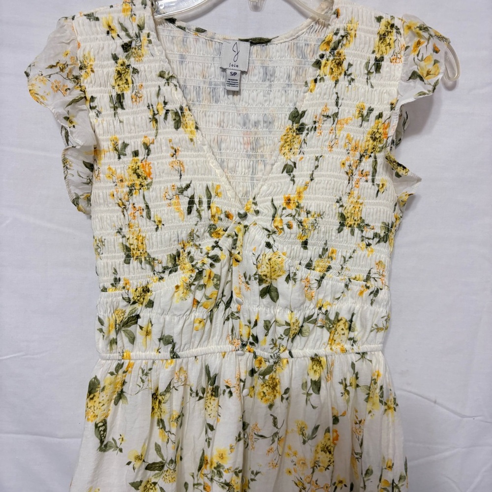 Joie Yellow and Cream Floral Maxi Smocked Bodice Dress with Flutter Sleeves - Picture 3 of 10
